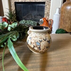 Vtg 4" Malaysian Handicraft Pottery Tenmoku Vase Impressed Leaf Bird Pattern
